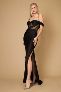 Fitted Corset Off-Shoulder Gown – Glitter Formal Dress with High Slit Maxi Dress Luxurious Weddings