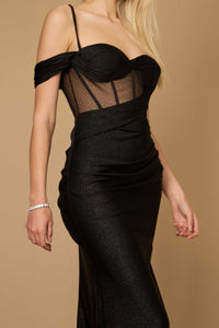 Fitted Corset Off-Shoulder Gown – Glitter Formal Dress with High Slit Maxi Dress Luxurious Weddings