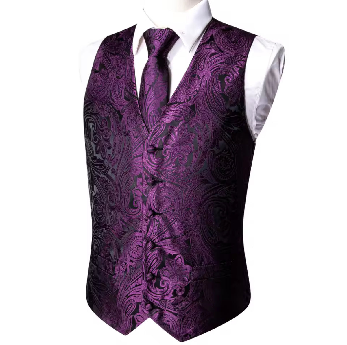 Royal Purple Waistcoat Set featuring intricate paisley design and matching tie, perfect for formal occasions.
