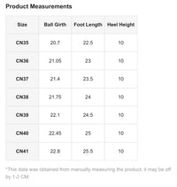 a table with numbers of product measurements