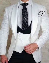 Men's Jacquard Paisley 3-piece groom tuxedo in white, featuring blazer, waistcoat, and stylish tie.