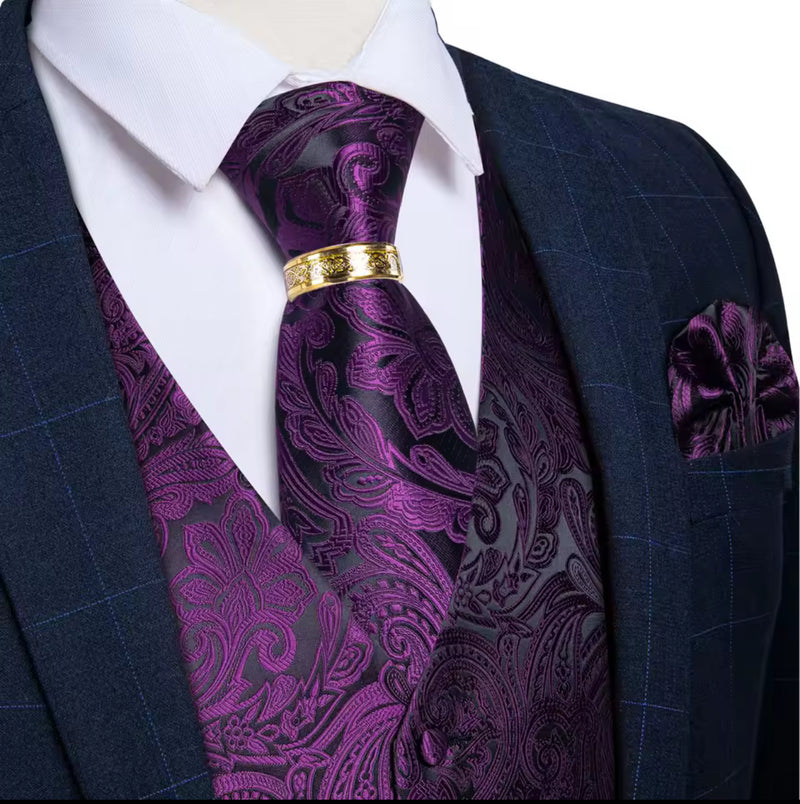 Royal Purple Waistcoat Set with paisley pattern and satin finish, complemented by a stylish tie and pocket square.