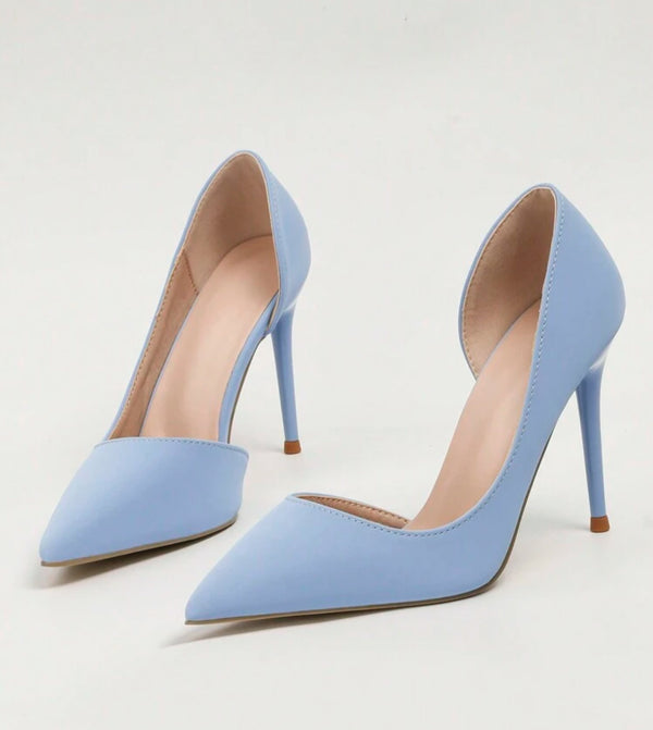 a pair of blue high heels on a white background