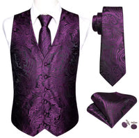 Royal purple paisley waistcoat set with tie, pocket square, and cufflinks, showcasing modern elegance and sophistication.