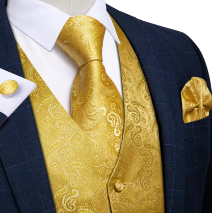 Men's Elegant Gold Silk Paisley Waistcoat & Tie Set Waistcoats Luxurious Weddings