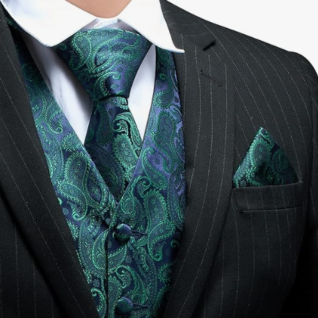 Elegant Paisley Silk Waistcoat & Tie Set - Green Waistcoat Luxurious Weddings