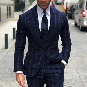 Luxury Navy Blue Stripe 3-Piece Men's Suit Set Luxurious Weddings