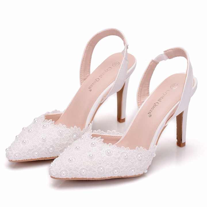 Pearl White Lace Wedding Shoes High Heels Luxurious Weddings