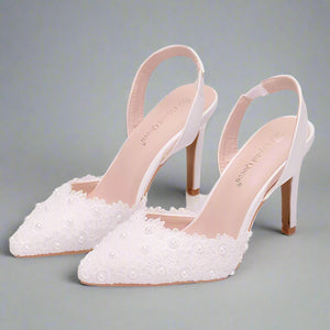 Pearl White Lace Wedding Shoes High Heels Luxurious Weddings