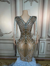 V Neck Mesh See Through Dress Heavy Beaded Diamond Evening Dress Luxurious Weddings