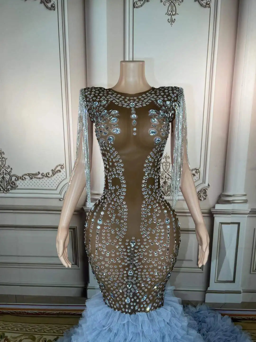 V Neck Mesh See Through Dress Heavy Beaded Diamond Evening Dress Luxurious Weddings