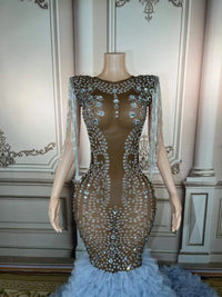 V Neck Mesh See Through Dress Heavy Beaded Diamond Evening Dress Luxurious Weddings