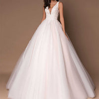 Enchanted Elegance: V-Neck Sleeveless Beaded Ball Gown Wedding Dress Luxurious Weddings