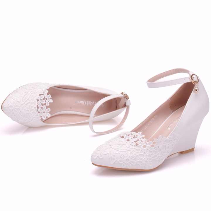 White Lace Wedding Wedges High Heels Luxurious Weddings