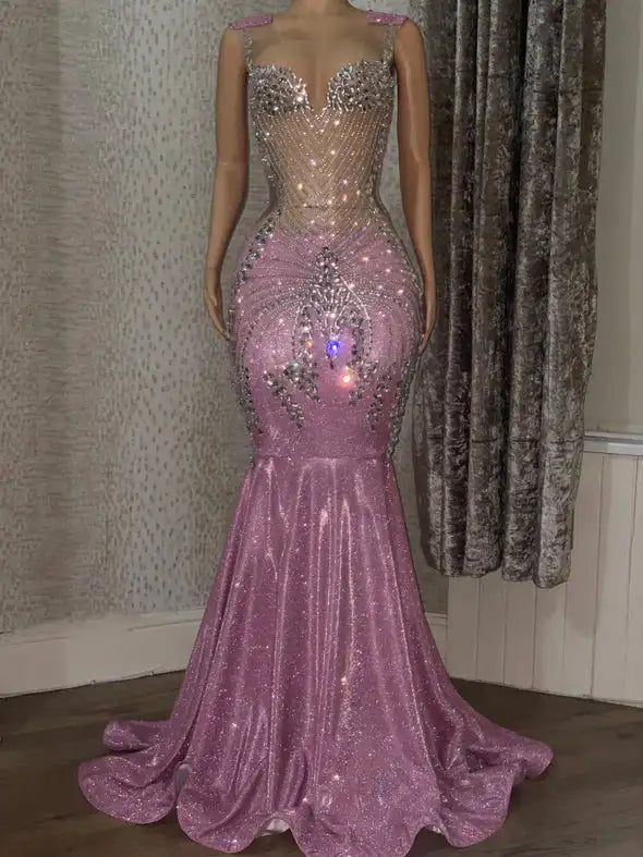 Rhinestone Pink Shimmer Maxi Gown Evening Dress Luxurious Weddings