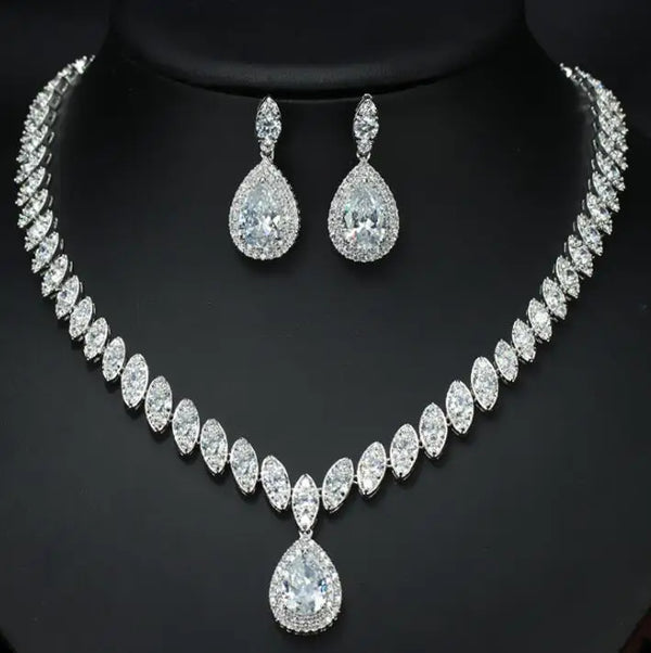 Clear Crystal and Cubic Zircon Necklace and Earrings Jewelry Set for Wedding Prom Bridesmaids or Mother of Bride Luxurious Weddings