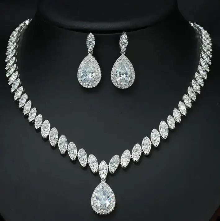 Clear Crystal and Cubic Zircon Necklace and Earrings Jewelry Set Luxurious Weddings