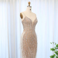 Luxury Feather White Nude Mermaid Evening Dress With Necklace Spaghetti Straps Women Wedding Party Prom Gowns Sz185 Luxurious Weddings