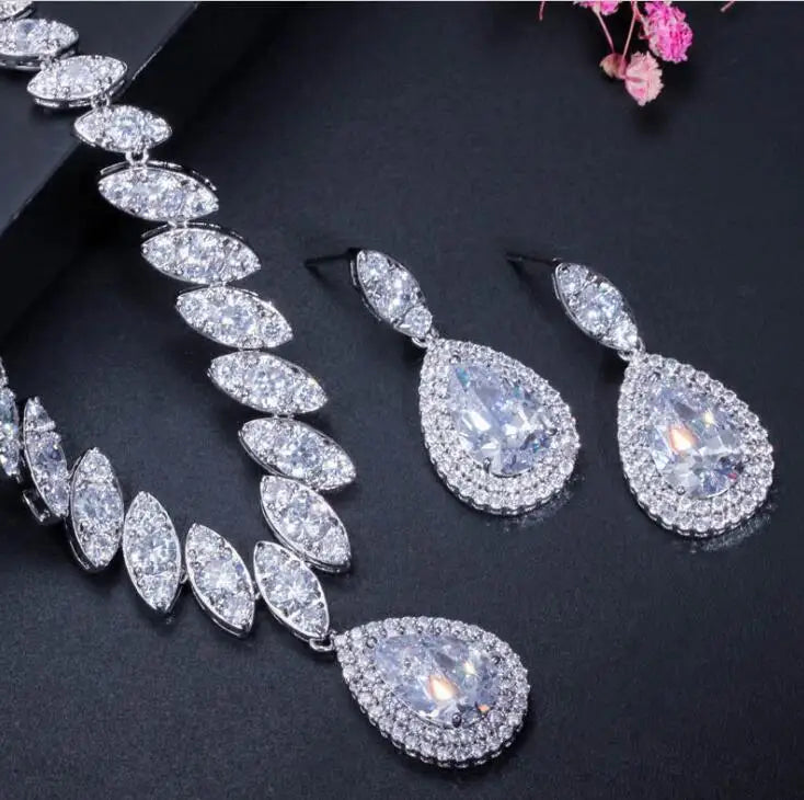 Clear Crystal and Cubic Zircon Necklace and Earrings Jewelry Set for Wedding Prom Bridesmaids or Mother of Bride Luxurious Weddings