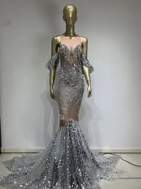 Luxury Crystal Evening Dress - Studded Sequins Elastic Tight Trailing Luxurious Weddings