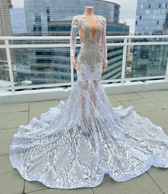 White Sequin Silver Rhinestone Prom Dress Ball Gown Luxurious Weddings Bridesmaid Dresses, Evening Dresses, Cocktail Dresses, Maxi Dresses, Summer Dresses, Dinner Dress, Special Occasion Dress, Custom Dress, Made-to-Order Dresses, Wedding Dresses, Bridal