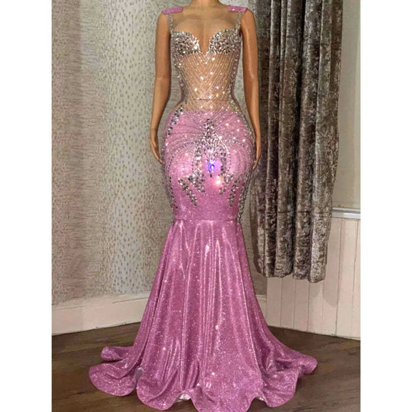 Rhinestone Pink Shimmer Maxi Gown Evening Dress Luxurious Weddings