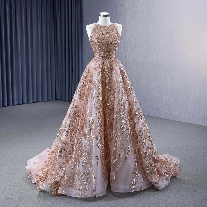 Classic O-neck Sleeveless Elegant Sequins Evening Gown Evening Dress Luxurious Weddings