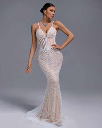 Elegant Full Beading V-Neck Wedding Gown Evening Dress Luxurious Weddings