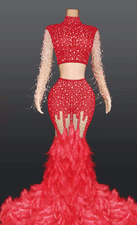 Elegant Bodycon 2pc Set Women's Feather Rhinestone Evening Dress Evening Dress Luxurious Weddings