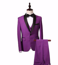 Men's purple 3-piece slim fit tuxedo with a tailored jacket, vest, and trousers for formal events.