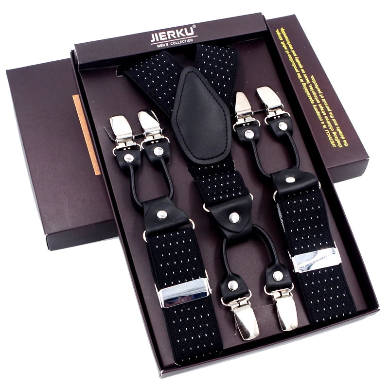 black - 6-Clip Black Leather Suspenders for Men Suspenders Luxurious Weddings