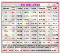 Men's suit size chart showing various measurements for different suit sizes including jacket, chest, sleeve, and waist.