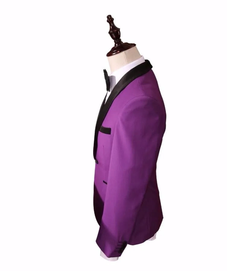 Men's purple slim fit tuxedo jacket showcasing sleek design and tailored structure for formal events.