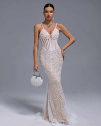 Elegant Full Beading V-Neck Wedding Gown Evening Dress Luxurious Weddings