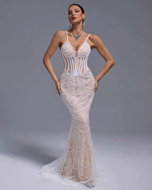 Elegant Full Beading V-Neck Wedding Gown Evening Dress Luxurious Weddings