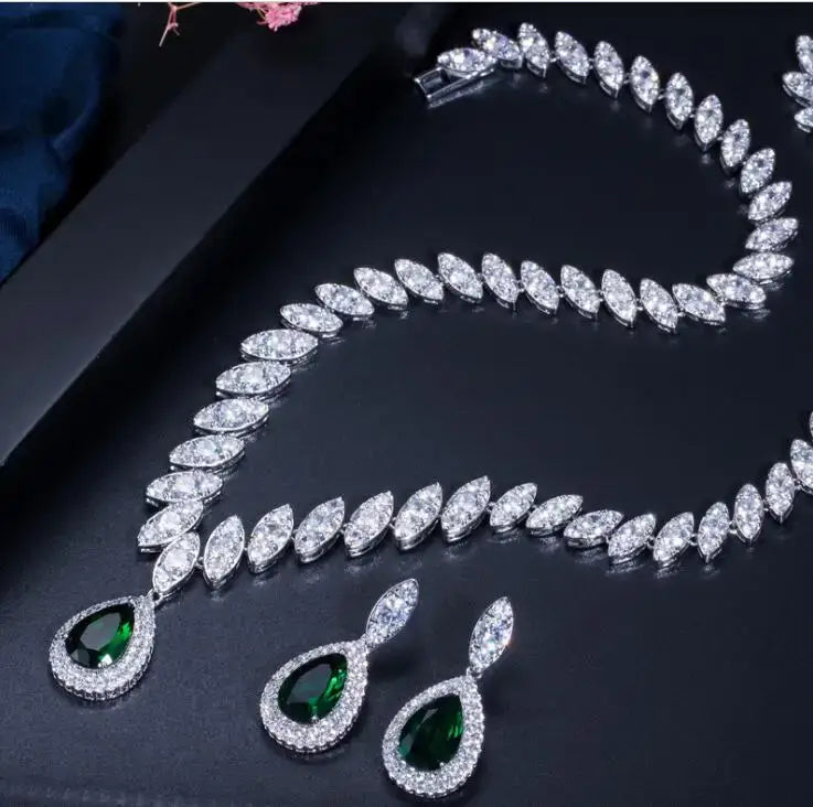 Clear Crystal and Cubic Zircon Necklace and Earrings Jewelry Set Luxurious Weddings