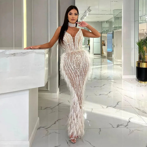 Luxury Feather White Nude Mermaid Evening Dress With Necklace Spaghetti Straps Women Wedding Party Prom Gowns Sz185 Luxurious Weddings