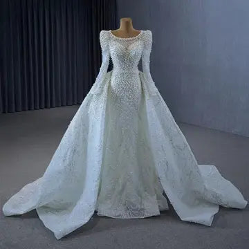 Luxury pearl beaded white long sleeve mermaid vintage royal wedding dress Luxurious Weddings