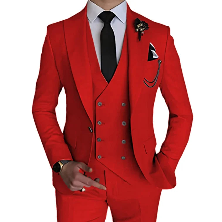 Stylish red men's solid color suit with a sleek design, perfect for formal events and modern gentlemen.
