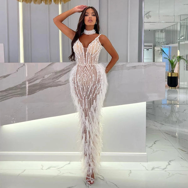 Luxury Feather White Nude Mermaid Evening Dress With Necklace Spaghetti Straps Women Wedding Party Prom Gowns Sz185 Luxurious Weddings