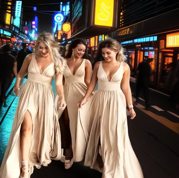 a group of women walking down a street at night
