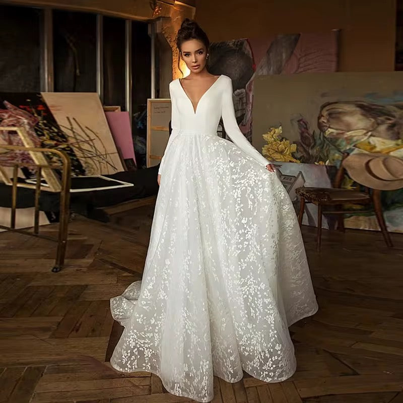Long Sleeve V-Neck A-Line Bridal Gown – Luxurious Weddings