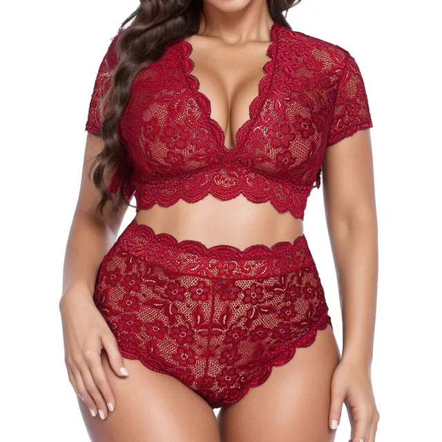 Lace Flower Women Plus Size Underwear Outfit Sexy Push Up 2 Piece Lingerie Set High Waist Ruffle 2024 Porn Lenceria Sexual Mujer Lingerie Set