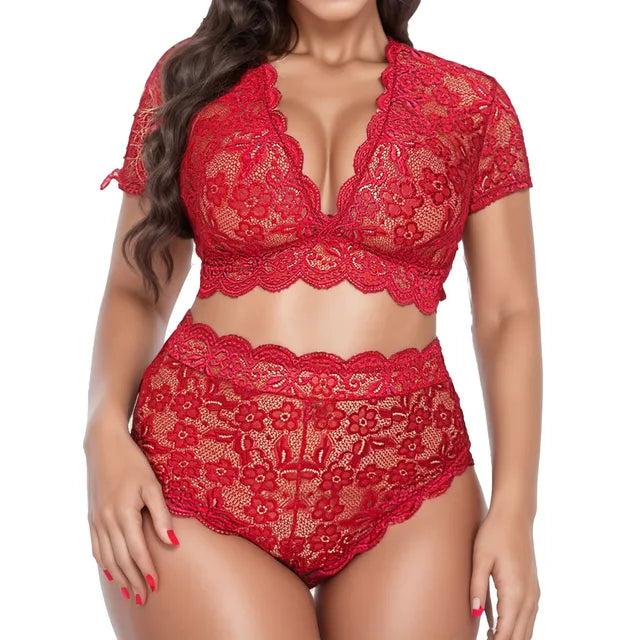 Lace Flower Women Plus Size Underwear Outfit Sexy Push Up 2 Piece Lingerie Set High Waist Ruffle 2024 Porn Lenceria Sexual Mujer Lingerie Set