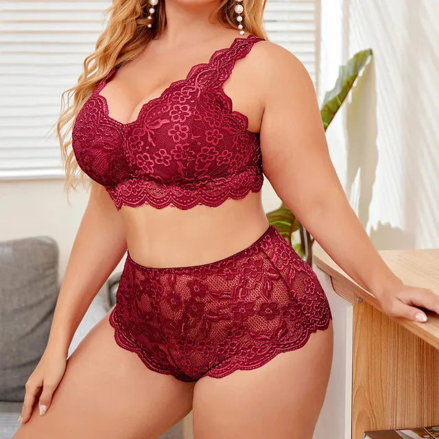 Lace Flower Women Plus Size Underwear Outfit Sexy Push Up 2 Piece Lingerie Set High Waist Ruffle 2024 Porn Lenceria Sexual Mujer Lingerie Set