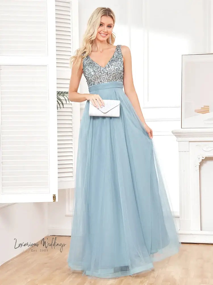 Luxury Blue Sequin Evening Dress 2024 Formal Sequin Dress Luxurious Weddings