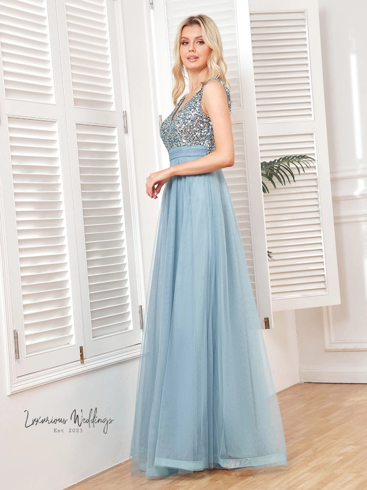 Luxury Blue Sequin Evening Dress 2024 Formal Sequin Dress Luxurious Weddings
