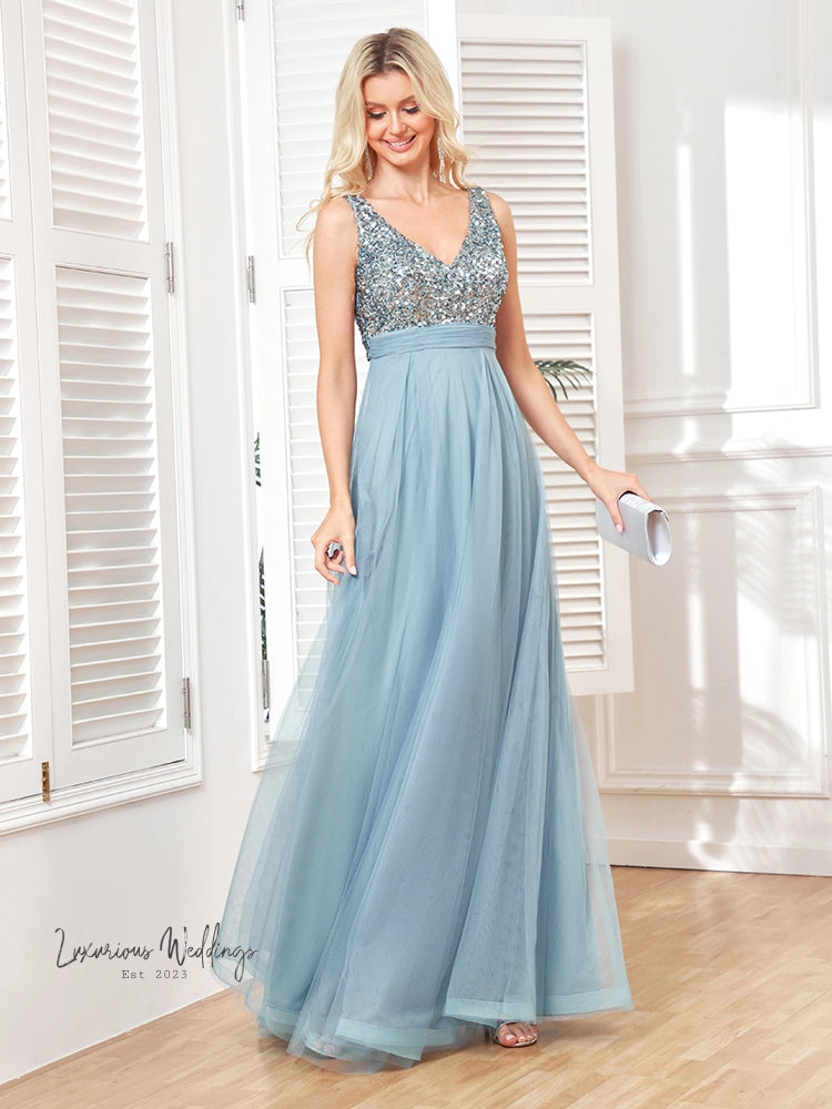 Luxury Blue Sequin Evening Dress 2024 Formal Sequin Dress Luxurious Weddings