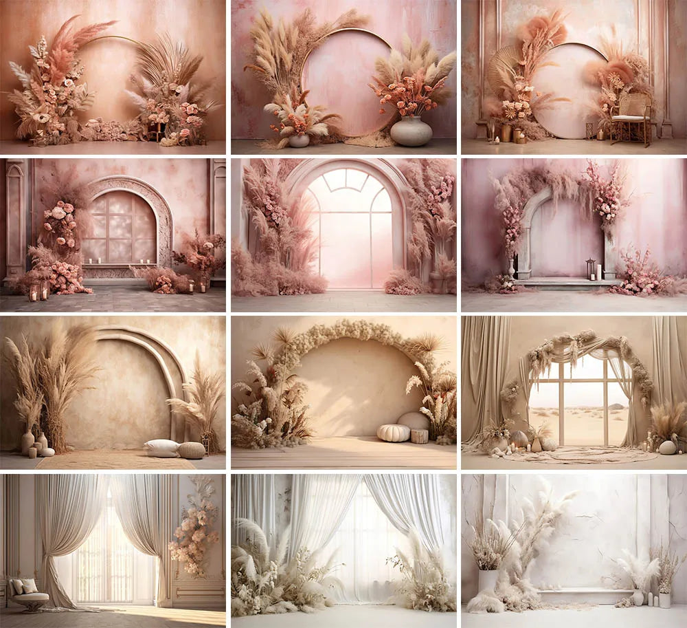 Pink Wedding Floral Backdrops Photography Bohemia Pampas Grass Birthday Decor Photo Background photo backdrop