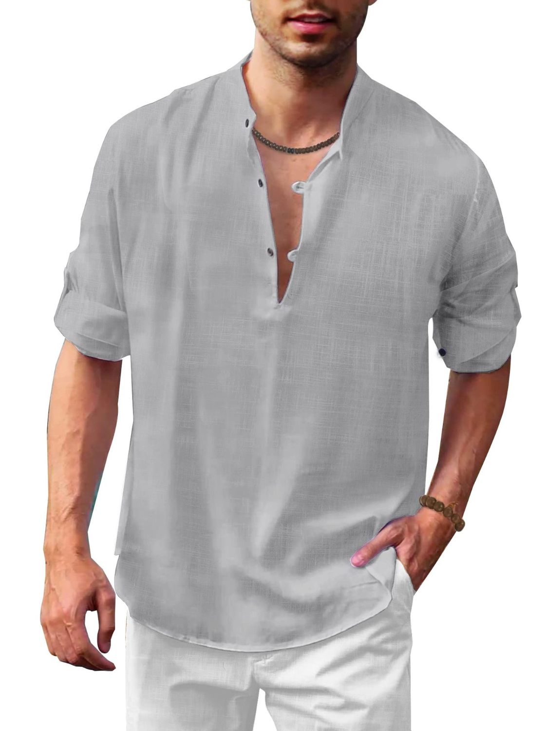 Men's Full Size Button Detail Roll-Tab Sleeve Top Plus Size Luxurious Weddings